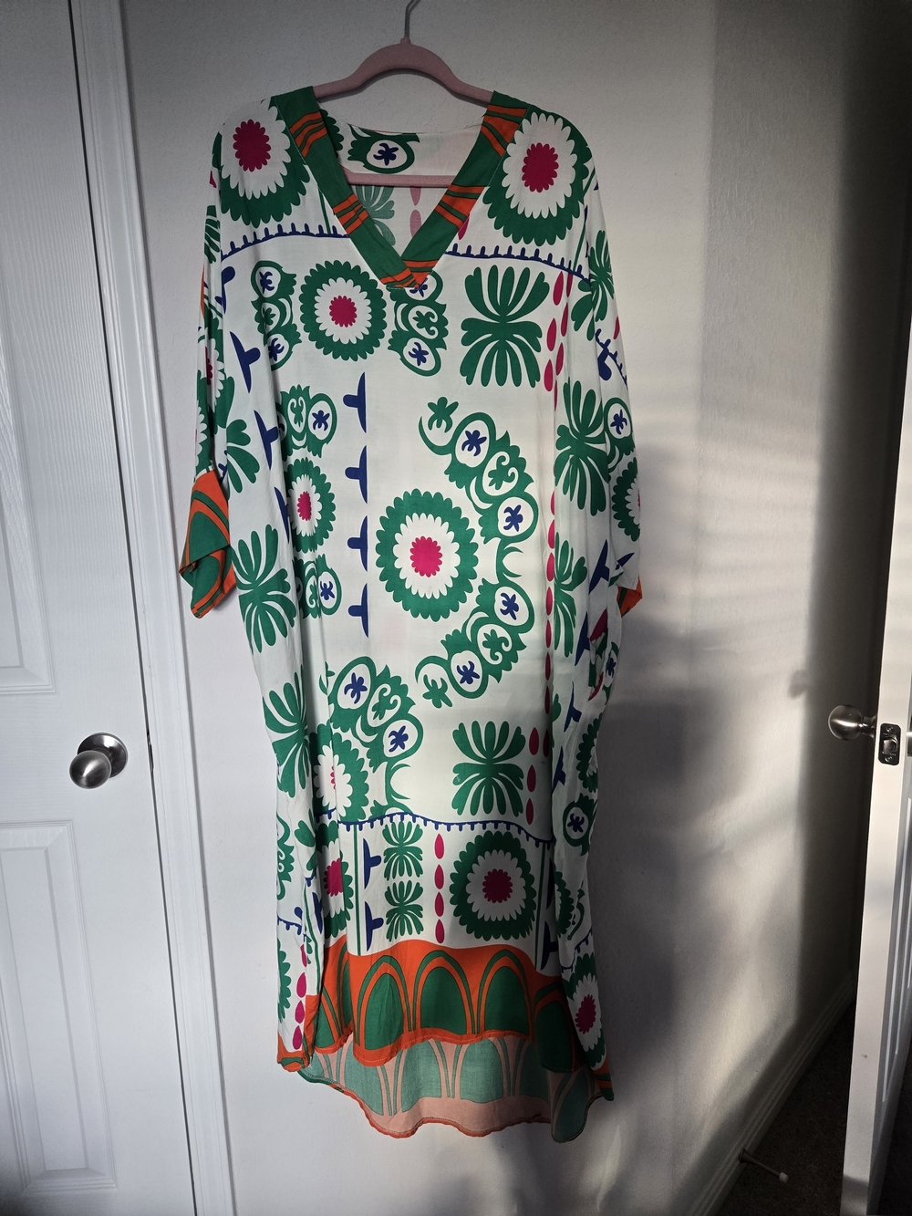 Printed V-Neck Maxi Dress in Green & White
